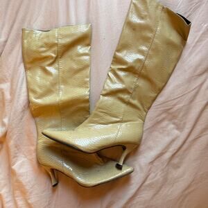 Tan and cream knee high boots